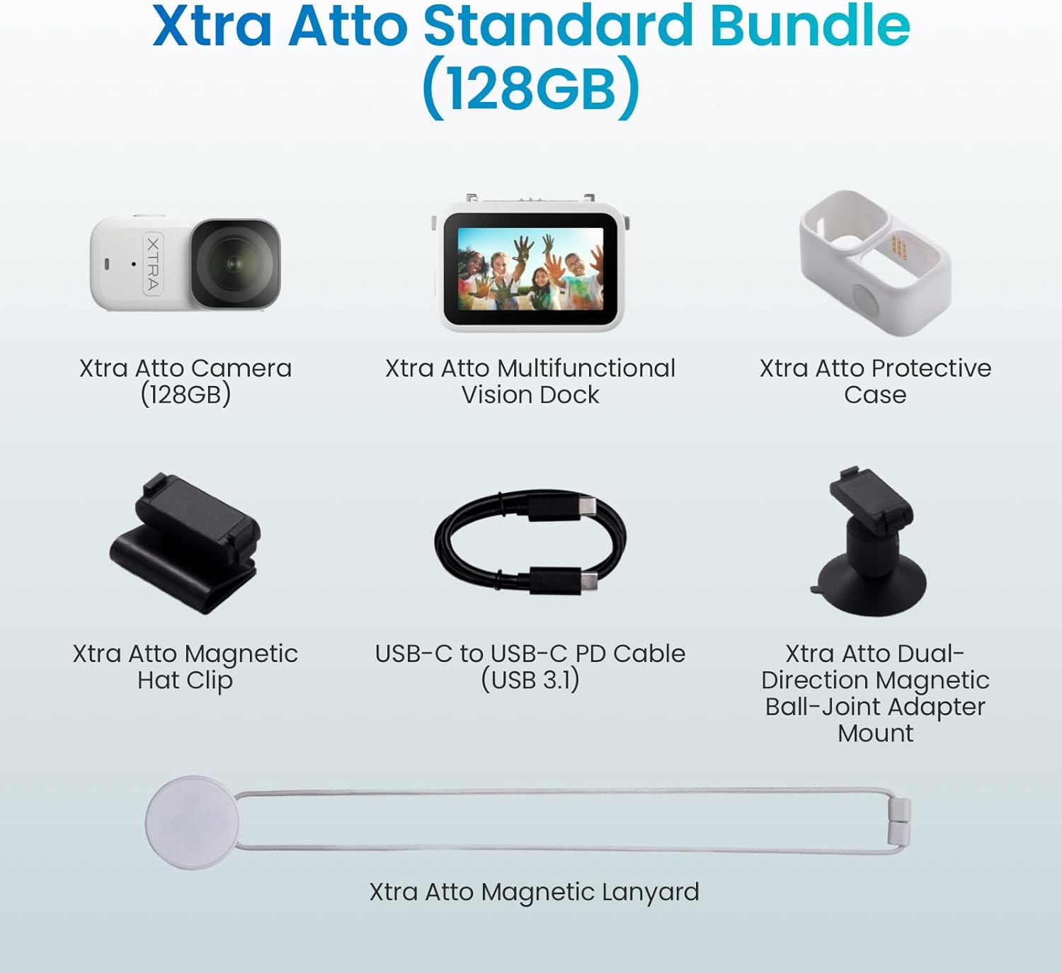 Xtra Atto Wearable 4K Action Camera (128GB)  54 g  Light and Compact  1/1.3″ Sensor  4K/60fps Video  220‑Min Max Recording  5-Min Pre-Recording  Built-in Stabilization  600MB/s Fast Transfer