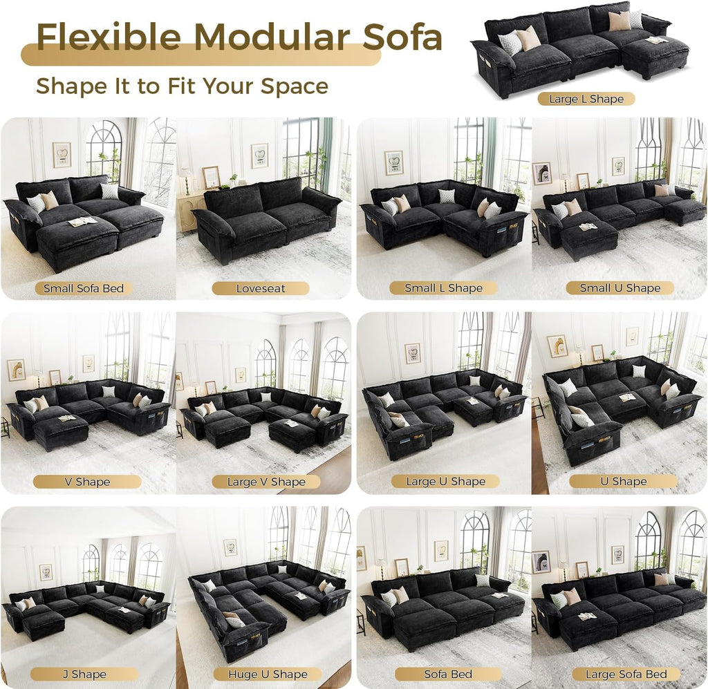KKL U-Shaped Modular Sectional Sofa, 6 Seater Cloud Couch with Ottoman, Chenille Sectional Couches for Living Room, Apartment, Black