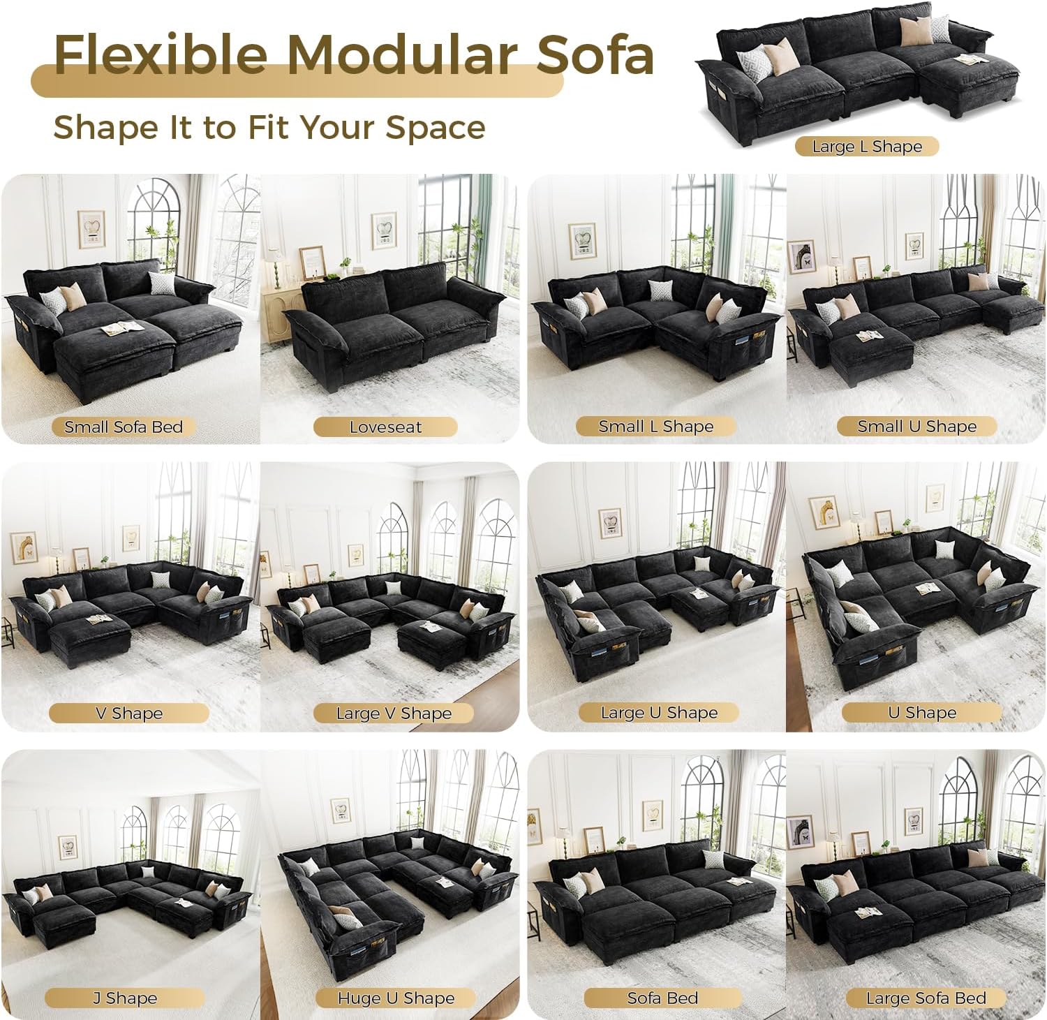 KKL U-Shaped Modular Sectional Sofa, 6 Seater Cloud Couch with Ottoman, Chenille Sectional Couches for Living Room, Apartment, Black