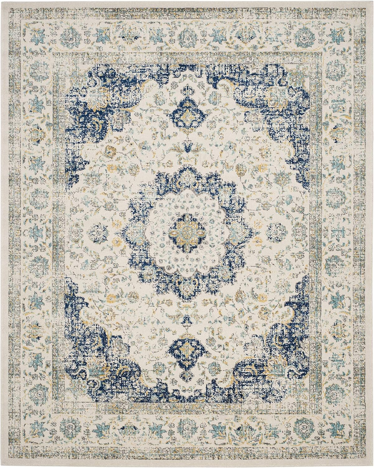 SAFAVIEH Area Rug 9x12 - Evoke Collection - Large - Ivory & Blue, Shabby Chic Oriental Medallion Design, Non-Shedding & Easy to Clean, Ideal for Living Room, Bedroom, Dining Space (EVK220C)