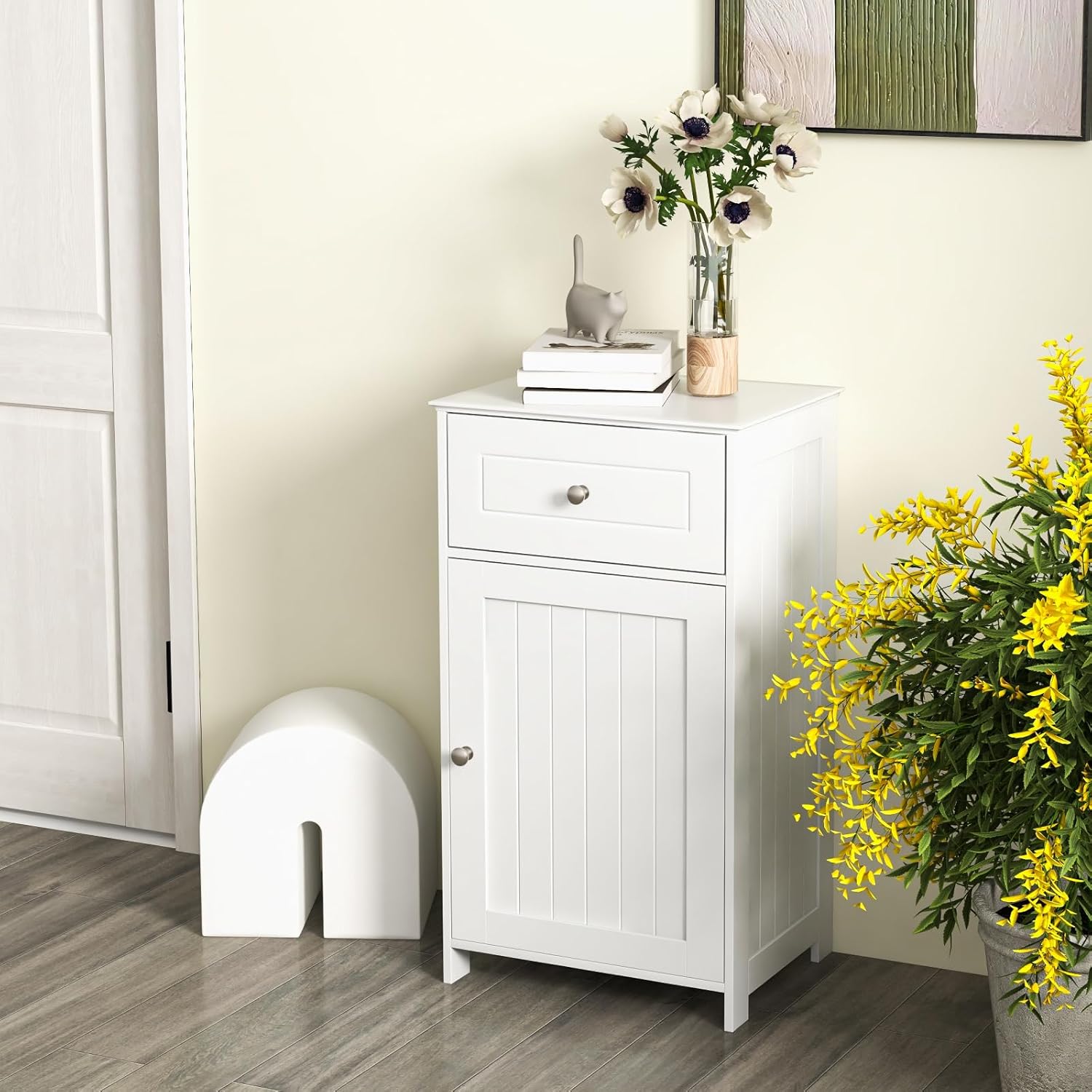 Giantex Floor Bathroom Storage Cabinet - Freestanding Cabinet with Drawer, Door, Adjustable Shelf, Anti-Tipping Device, Storage Organizer for Sofa Side, Bathroom, Living Room, Bedroom, White (White)