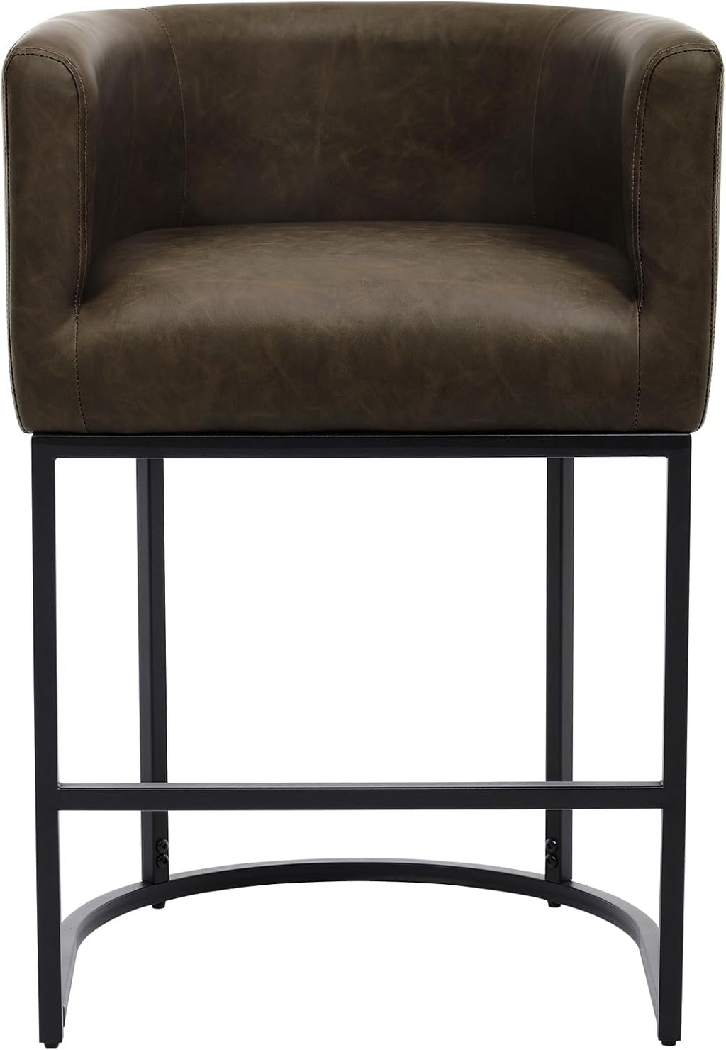 Upholstered Counter Height Bar Stools Set of 2, Modern Barrel Counter Stools with Arms, PU Leather Barstools Kitchen Bar Height for Island with Black Metal Frame, Brown