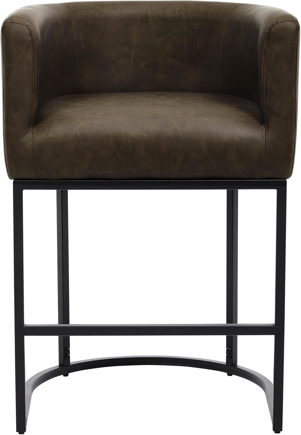 Upholstered Counter Height Bar Stools Set of 2, Modern Barrel Counter Stools with Arms, PU Leather Barstools Kitchen Bar Height for Island with Black Metal Frame, Brown