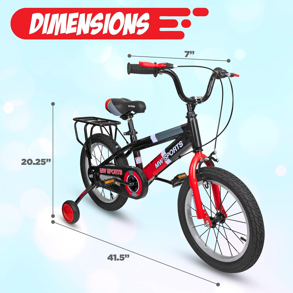 MW Sports 16 inch Kids Bike with Removable Training Wheels, Hand Brakes and Back Relay Rack for Ages 4-6 Years.