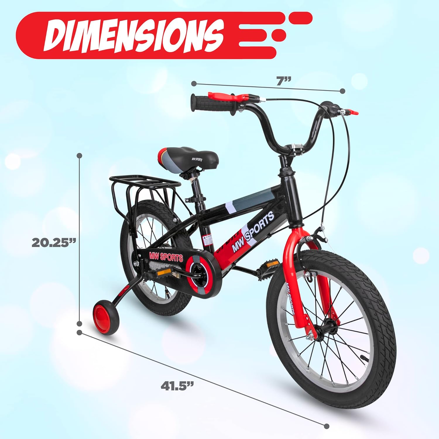 MW Sports 16 inch Kids Bike with Removable Training Wheels, Hand Brakes and Back Relay Rack for Ages 4-6 Years.