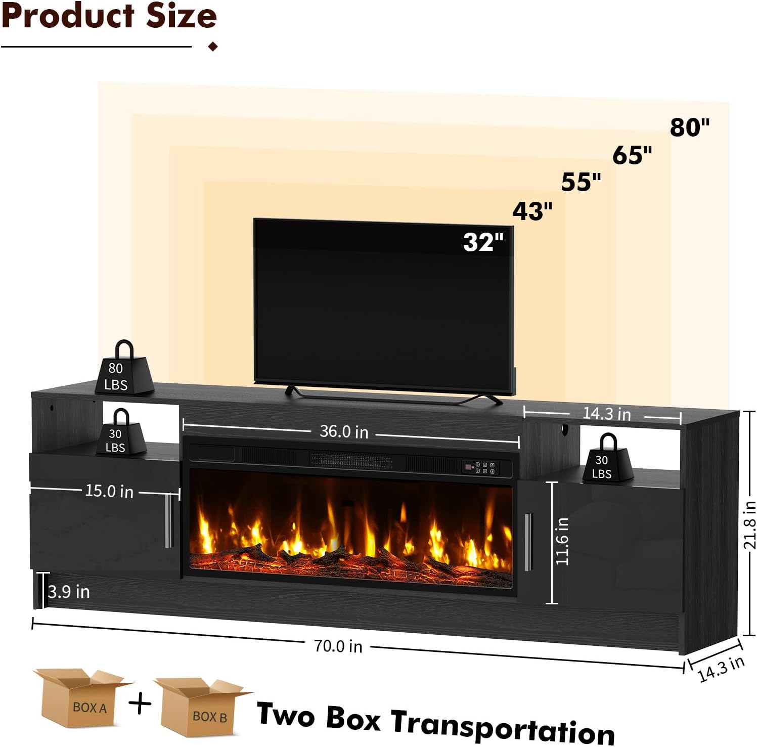 BREEZEHEAT 70" Electric Fireplace TV Stand for 80'' TV-Entertainment Center with 36'' Fireplace and Led Light-TV Table with Storage, High Glossy Door, Modern TV Console for Living Room, Black