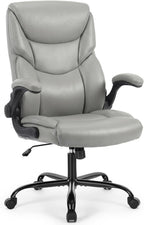 Sweetcrispy Office Computer Gaming Chair, Ergonomic High Back Heavy Duty Task Desk Chairs with Wheels, Flip-up Arms, Adjustable Height, PU Leather, Grey