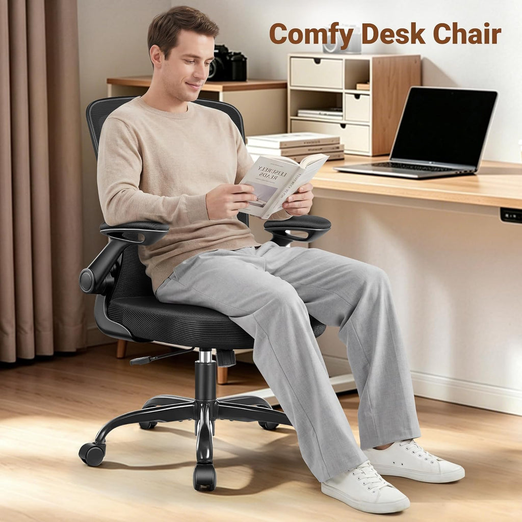 BESTFAIR Ergonomic Office Chair, Mesh Computer Desk Chair with Lumbar Support, Swivel Chair with Flip-up Arms and Adjustable Height, Black
