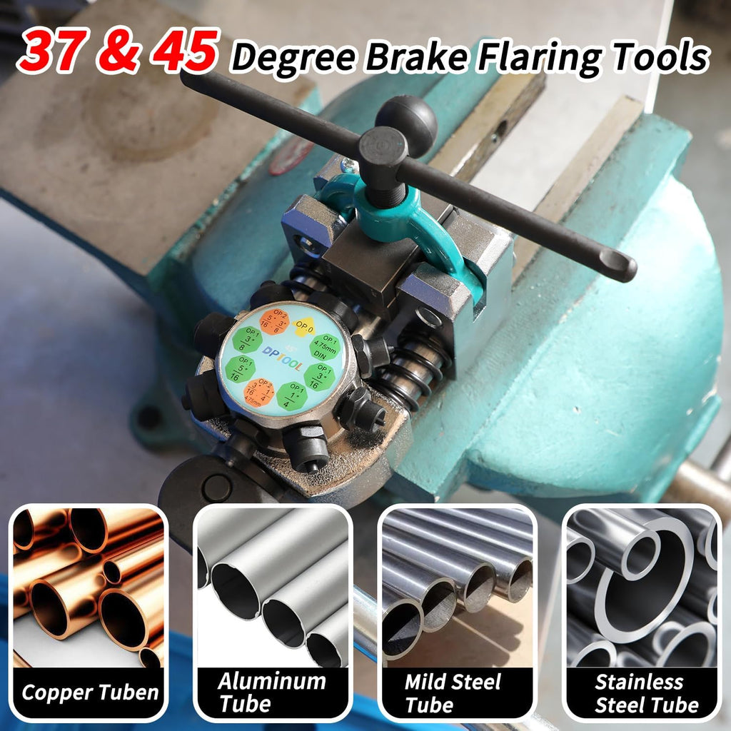 DPTOOL Brake Line Flaring Tool Kit, 45 and 37 Degree Single, Double and Bubble Flares, Brake Line and Tubing Flaring Tool for 3/16", 1/4", 5/16", 3/8" and 4.75mm Tubing