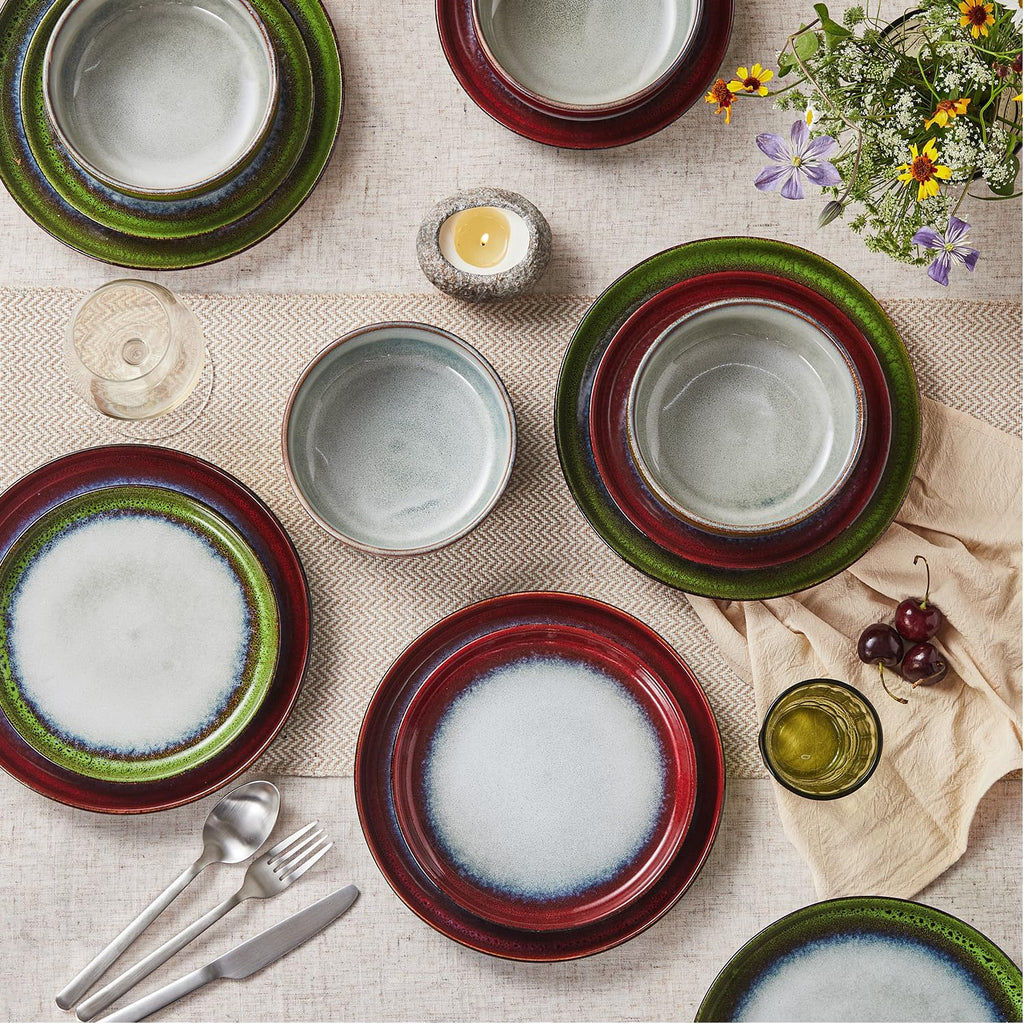 KINGSTONE Stoneware Dinnerware Sets for 4, 12-Piece Reactive Glaze Plates and Bowls Sets, Scratch-Resistant Rustic Ceramic Dish Set for Home Kitchen, Microwave and Dishwasher Safe, Kiln-Fired Red