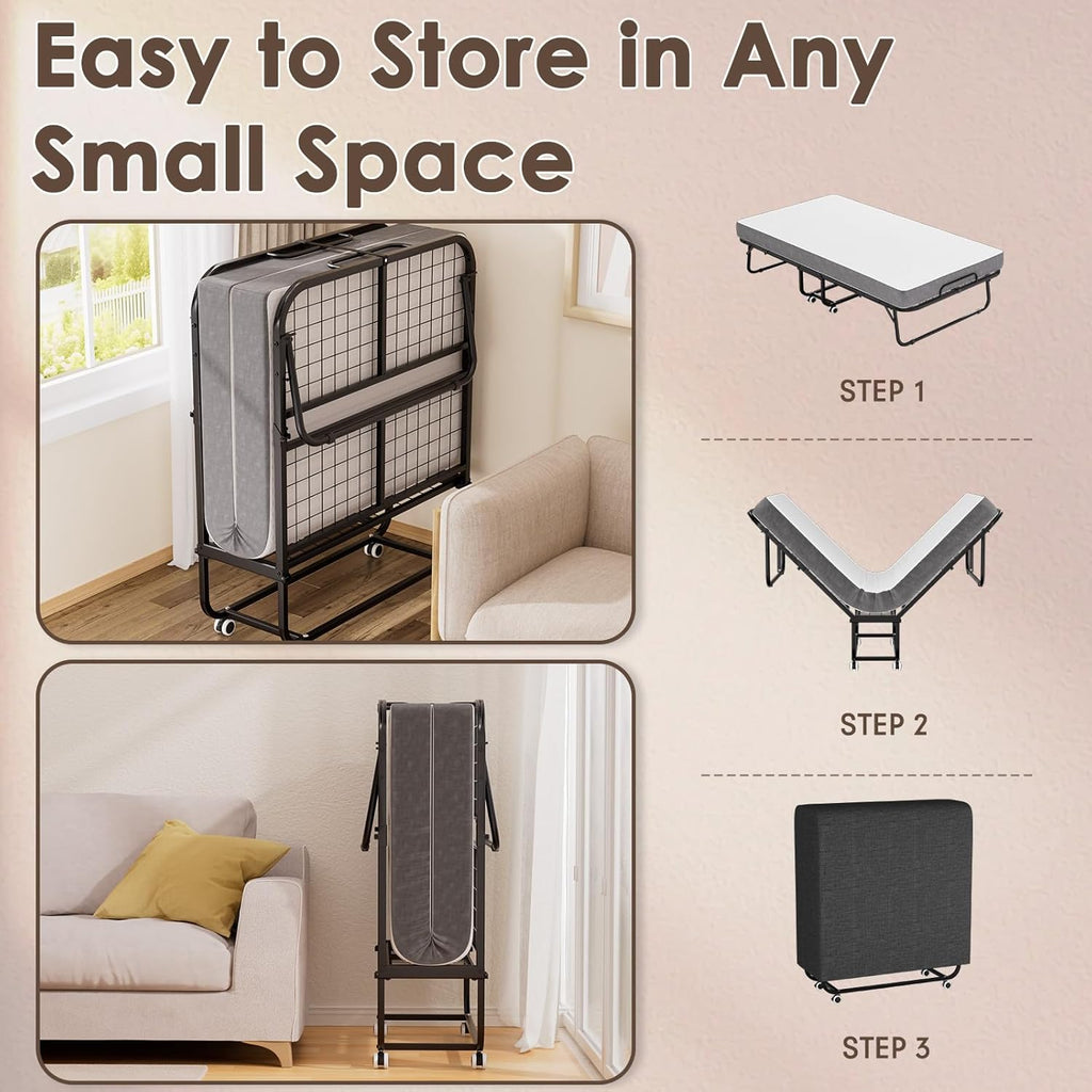 75" x 31" Folding Bed with Mattress for Adults, Rollaway Bed with Mattress, Foldable Bed with 5" Memory Foam Mattress, Space-Saving Sturdy Metal Frame for Bedroom & Office