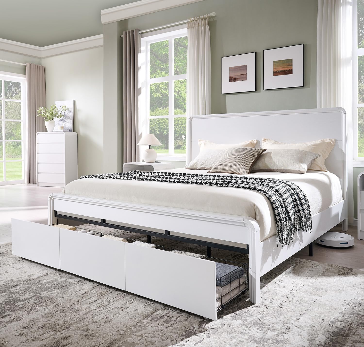 Modern King Size Bed Frame with 50" Tall Headboard, Wood King Size Platform Bed Frame w/3 Storage Drawers, Curved Profile Design, Wood & Steel Platform Bed, No Box Spring Needed, White