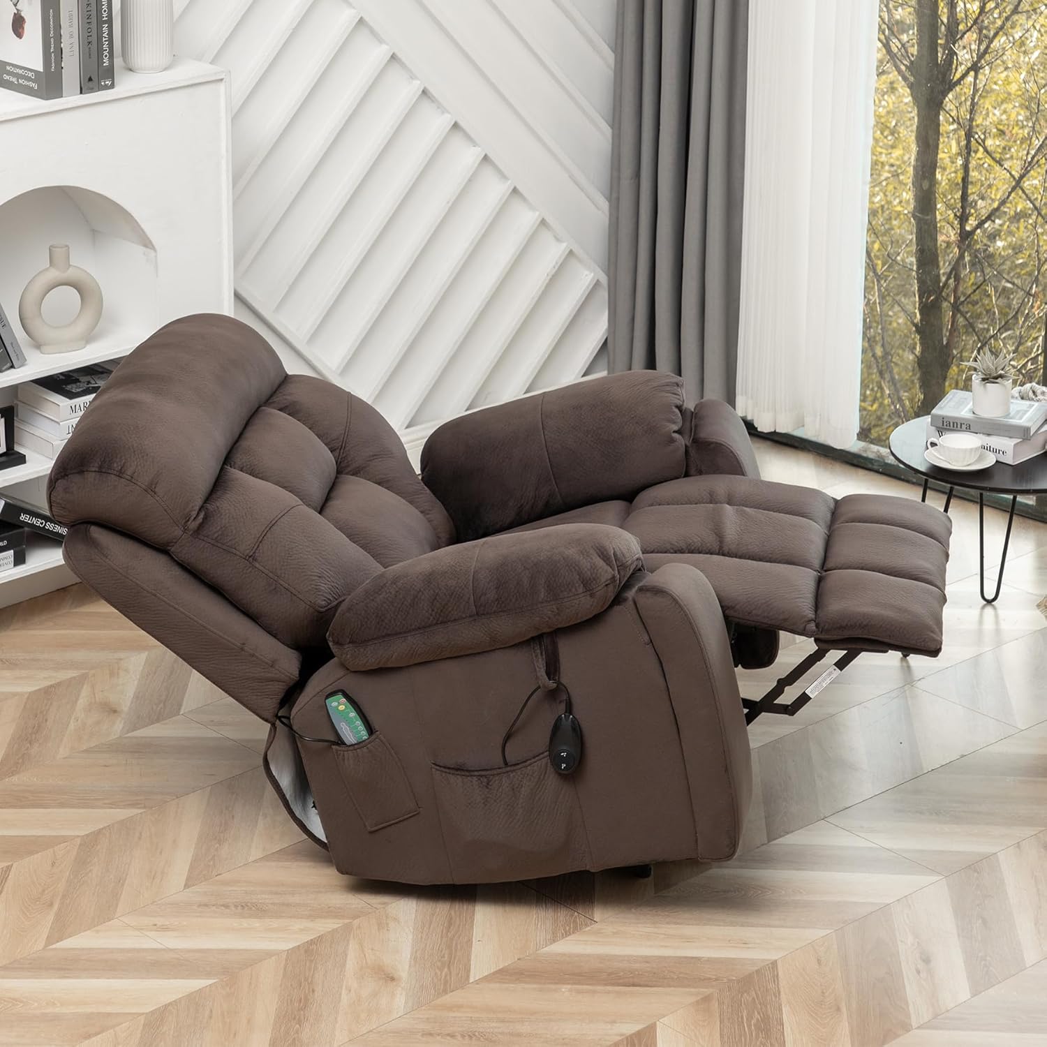 Oversized Power Recliner Chair for Elderly, Big and Tall Electric Lift Recliners with Massage and Heat, Overstuffed Wide Large Living Room Reclining Sofa, Hidden Cup Holder, Velnet Dark Brown