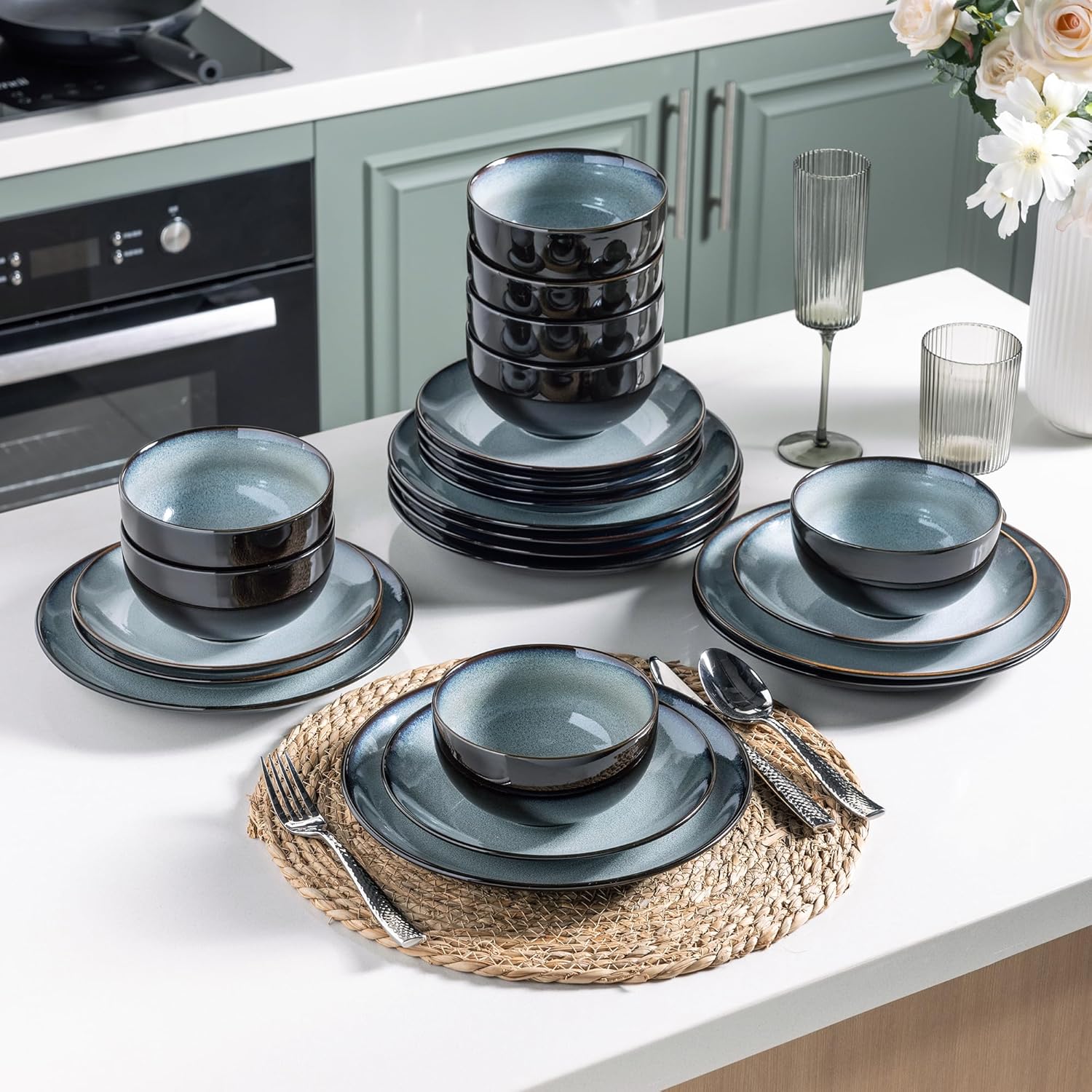 LeRatio Ceramic Dinnerware Sets for 6,Stoneware Plates and Bowls Sets,Handmade Reactive Glaze Dishes Set,Chip Resistant and Scratch Resistant | Oven&Dishwasher & Microwave Safe-Gray White(18PCS)