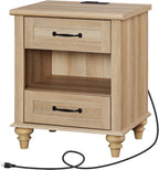 WAMPAT Farmhouse End Table Nightstand with Charging Station, Small Side Table with 2 Drawers for Living Room, Light Wood Night Stand Bedside Table for Bedroom, Oak
