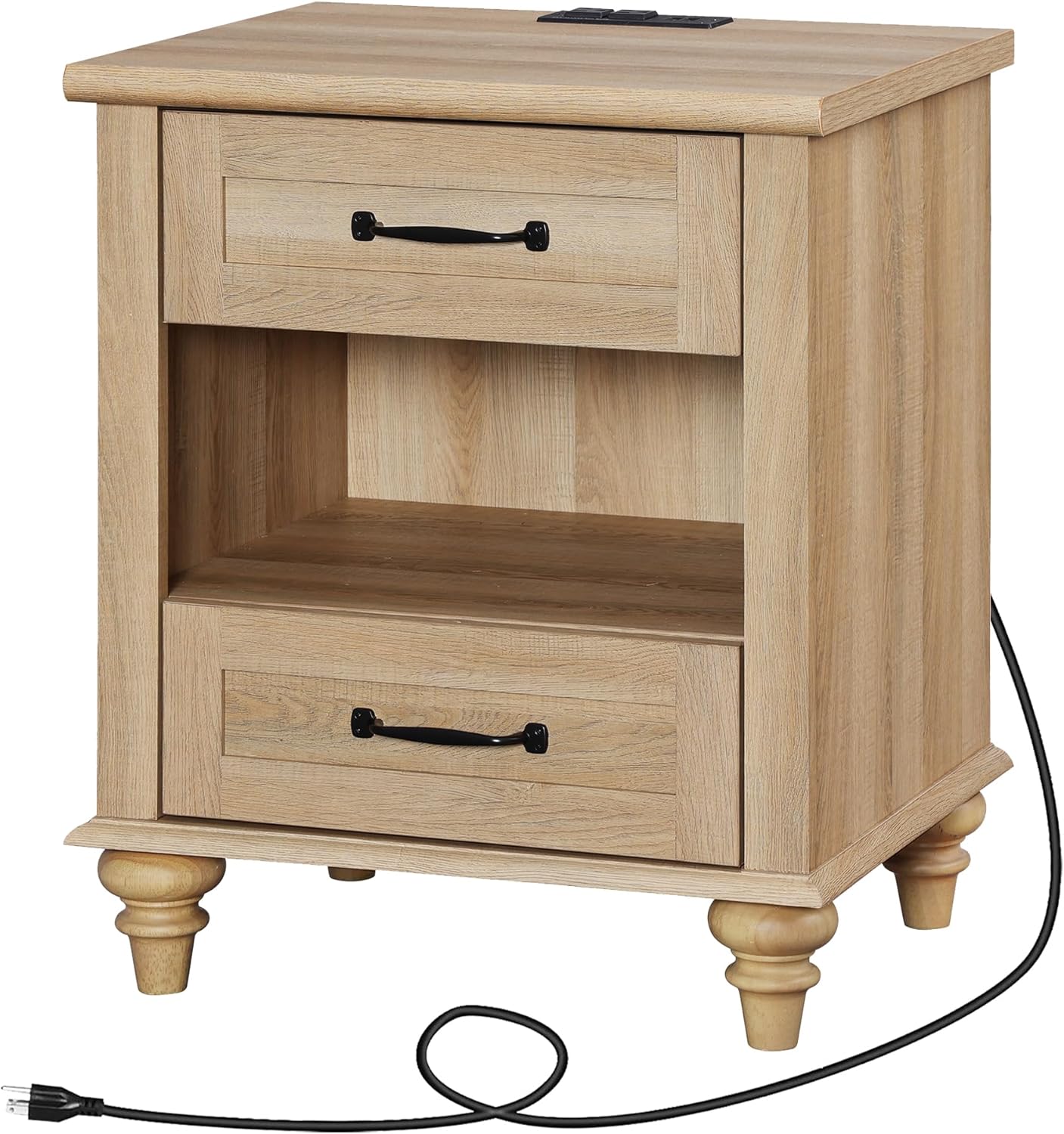 WAMPAT Farmhouse End Table Nightstand with Charging Station, Small Side Table with 2 Drawers for Living Room, Light Wood Night Stand Bedside Table for Bedroom, Oak