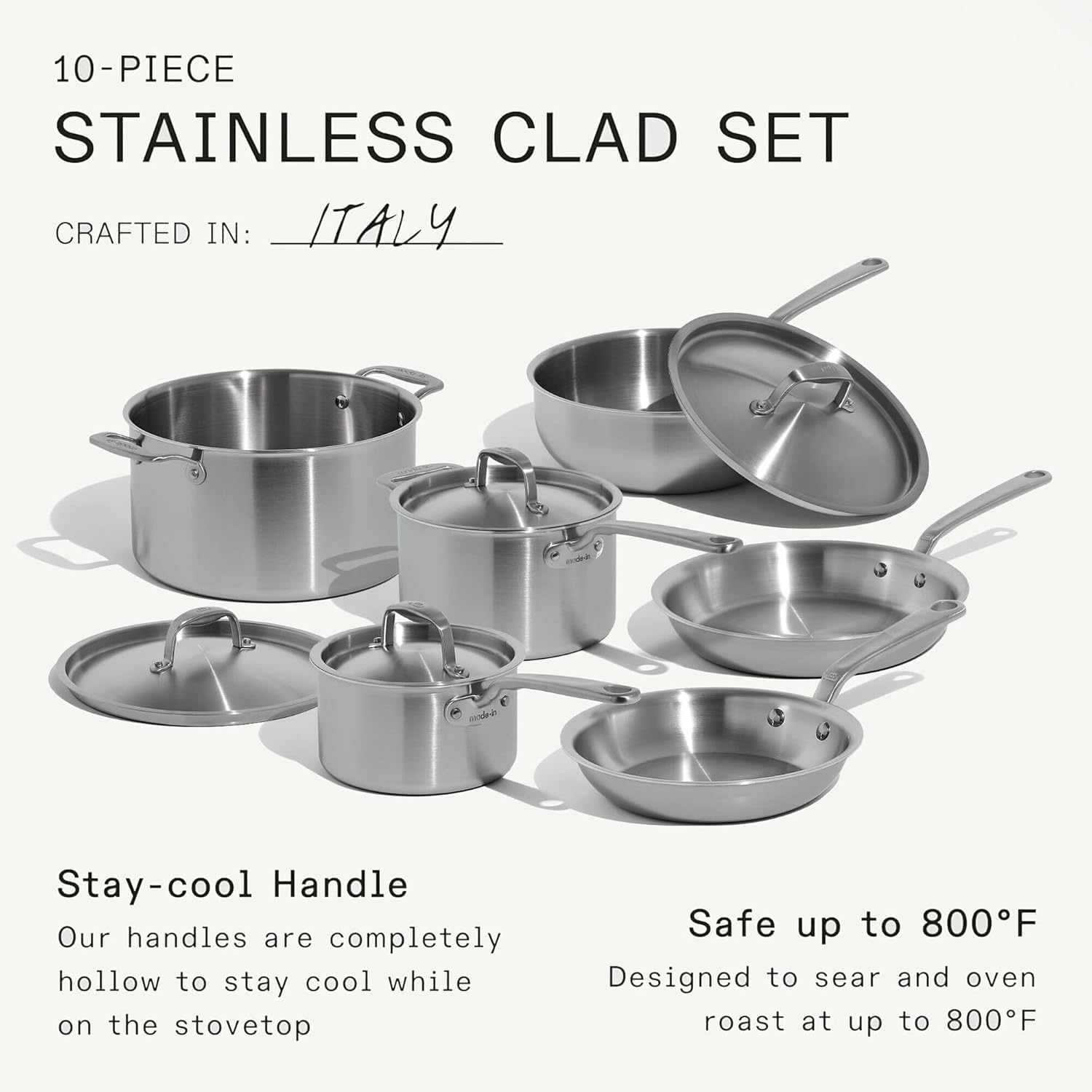 Made In Cookware | 10 Piece Stainless Steel Pot and Pan Set | 5 Ply Clad - Includes Stainless Steel Frying Pans, Saucepans, Saucier and Stock Pot W/Lid | Professional Cookware | Crafted in Italy