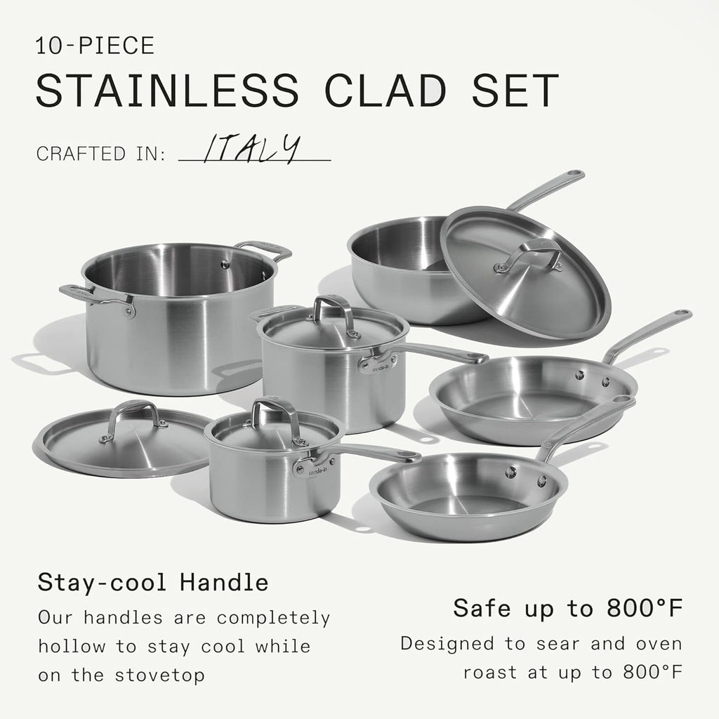 Made In Cookware | 10 Piece Stainless Steel Pot and Pan Set | 5 Ply Clad - Includes Stainless Steel Frying Pans, Saucepans, Saucier and Stock Pot W/Lid | Professional Cookware | Crafted in Italy