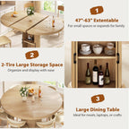 47″–63″ Extendable Round Dining Table for 4–8 with Dust-Proof 2-Tier Storage Shelf Space-Saving Expandable Dining Room Table Wood Oval Circle Dining Table with Pedestal Base (Natural)