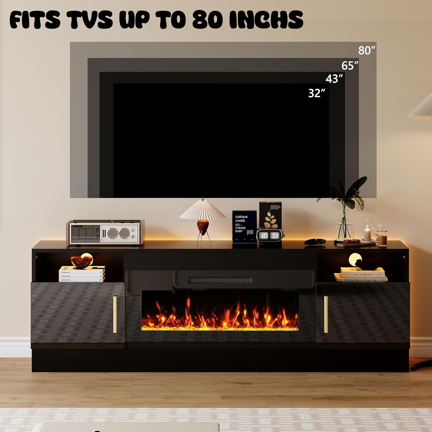 Fireplace TV Stand with 36'' Electric Fireplace, 70'' TV Media Entertainment Center with Fireplace Up to 80 inch,Modern LED TV Console for Living Room (Black with Black Fireplace)