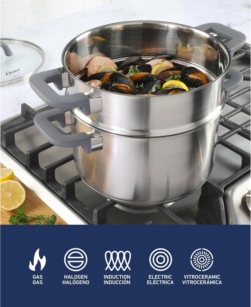 Oster Beauford 9-Piece Stainless Steel 5-Ply Encapsulated Base Cookware Set – Non-Toxic, Induction Compatible Pots and Pans with Stay-Cool Handles – Dishwasher Safe