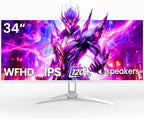 CRUA 34'' Ultrawide Gaming Monitor 120HZ  21:9 WFHD 2560X1080 IPS Panel Computer Monitors with Built-in Speakers  Support AMD FreeSync  120% sRGB  DP1.4 & HDMI1.4  Wall Mountable Installs-White