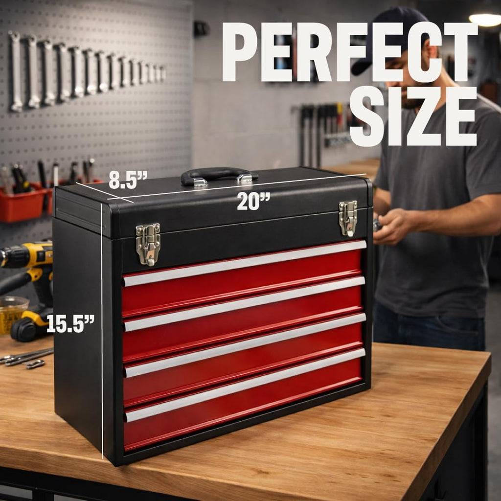 4-Drawer Tool Box with Drawers - Portable Metal Tool Box for Mechanics - Heavy Duty Steel Tool Chest with Locking Latches and Top Storage Compartment, Red/Black