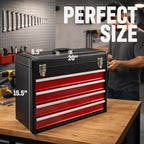 4-Drawer Tool Box with Drawers - Portable Metal Tool Box for Mechanics - Heavy Duty Steel Tool Chest with Locking Latches and Top Storage Compartment, Red/Black