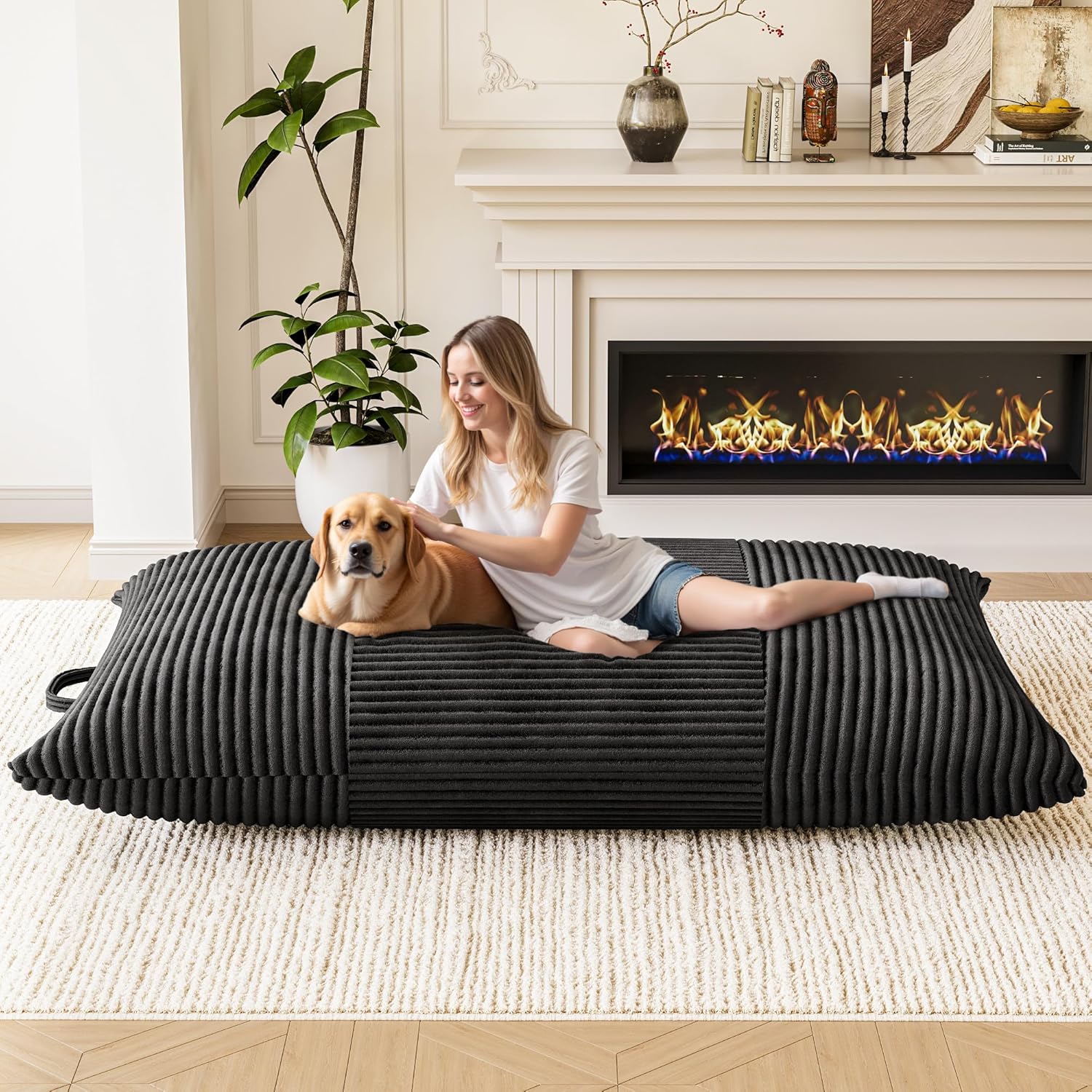 Homall 3 in 1 Giant Bean Bag Chair for Adults, Convertible Bean Bag Floor Couch Bed with Washable Cover, High-Density Foam Chair Bed for Living Room, Dorm Room, Office (Black)