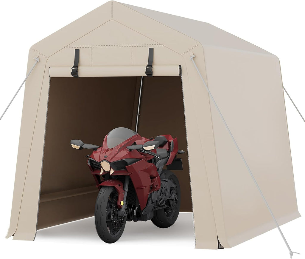 6 x 8 ft Bike Shed ATV Storage Tent Portable Storage Shed Outdoor Carport Tarp Sheds with Roll-Up Door for Motorcycle, Car, Garden Tools Khaki