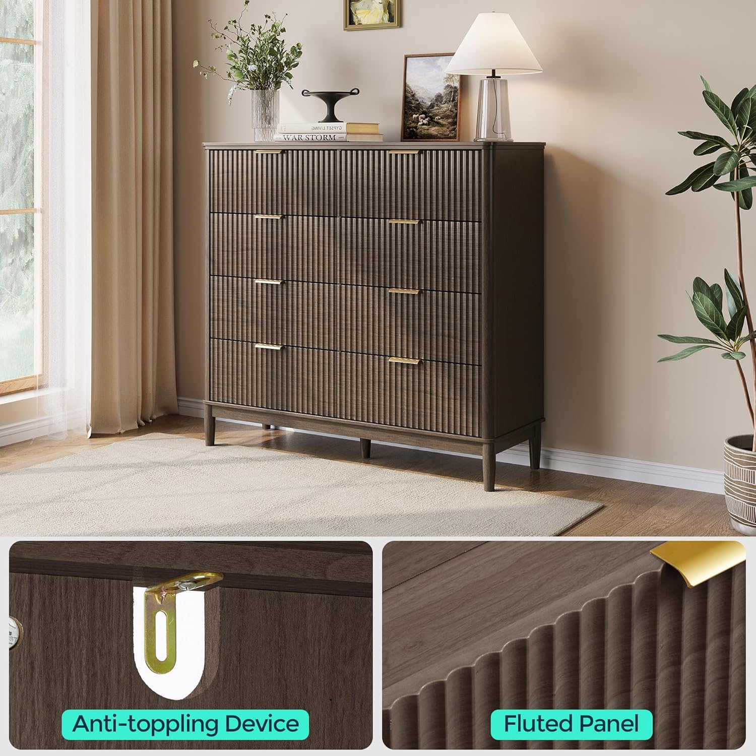 LINSY Fluted Dresser for Bedroom with 8 Drawers, Mid Century Modern Chest of Drawers with Gold Metal Handles, Wide Boho Wood Dressers, Large Farmhouse Storage Cabinet for Bedroom, Living Room, Walnut