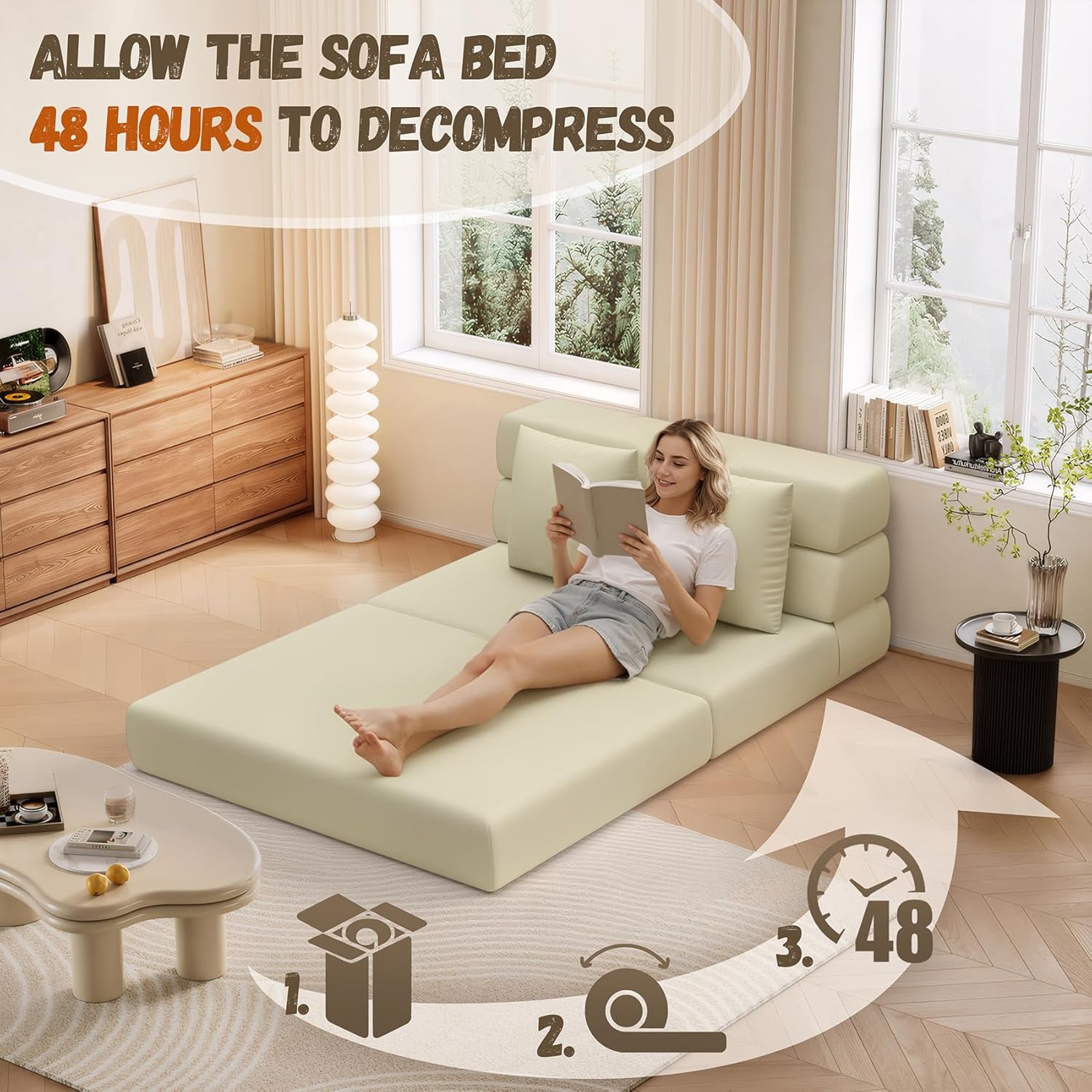 Folding Sofa Bed, Convertible Sleeper Chair & Couch Bed with Pillow, One-Piece High-Density Sponge Mattress, Multi-Purpose Floor Sofa for Living Room, Office, Dorm, Apartment, Beige, Single