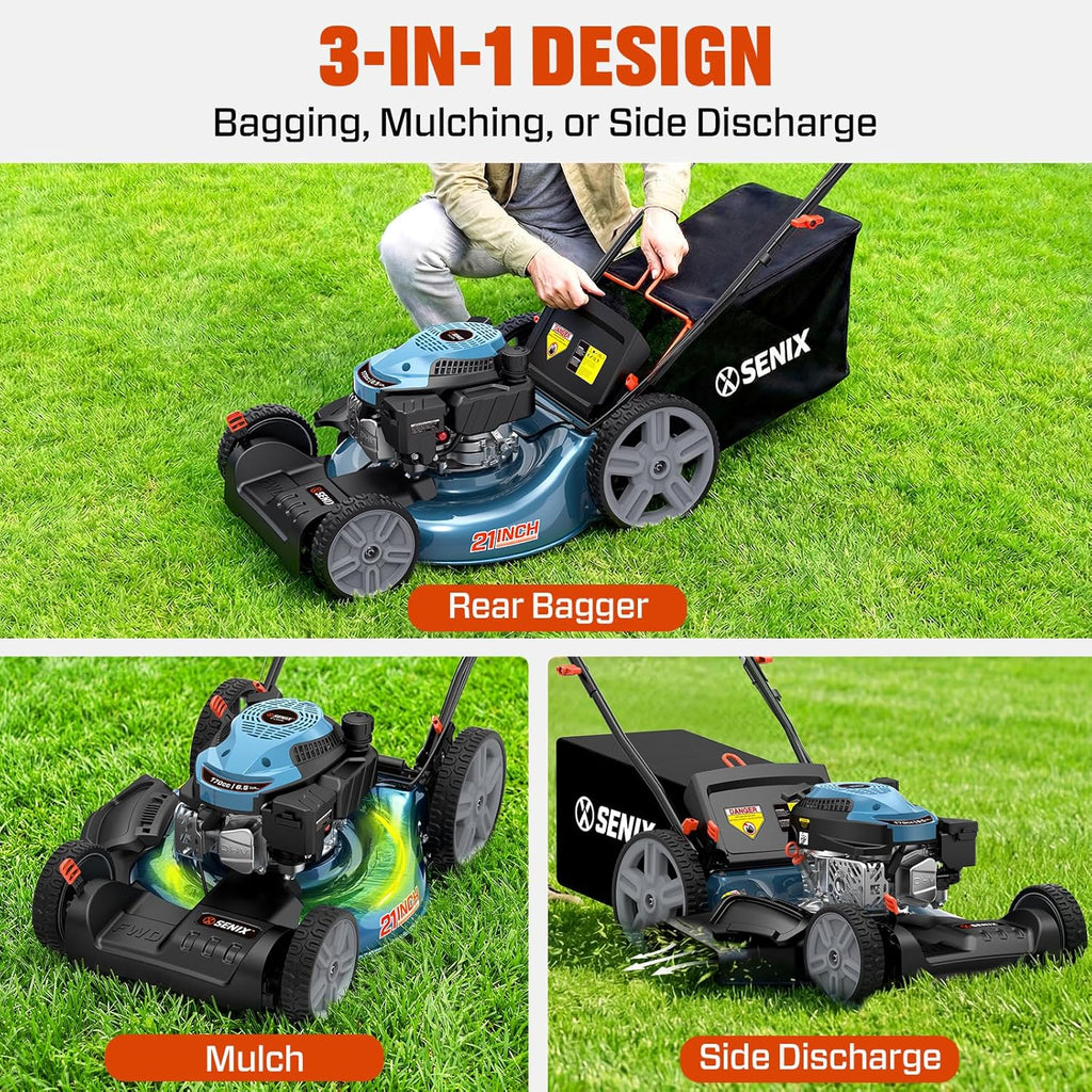 SENIX 21'' Self-Propelled Gas Lawn Mower (FWD)  170 cc 4-Cycle Engine 3.8 HP  3-in-1 (Bagging/Mulching/Side Discharge)  6-Position Cutting Height Adjustment  1.7 Bushels Grass Bag