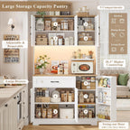 HIFIT 71" LED Pantry Cabinet with Power Outlet, Tall Kitchen Hutch Storage Cabinet with Microwave Stand & 6 Door Shelves, Modern Food Pantry Cabinets with Drawer for Kitchen Dining Living Room, White