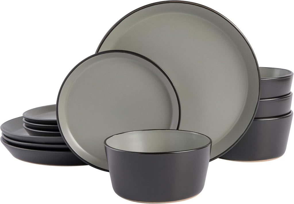 Gibson Soho Lounge Sofia Coupe 12-Piece Stoneware Dinnerware Set, Service for 4 – Grey Plates and Bowls