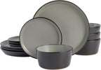 Gibson Soho Lounge Sofia Coupe 12-Piece Stoneware Dinnerware Set, Service for 4 – Grey Plates and Bowls