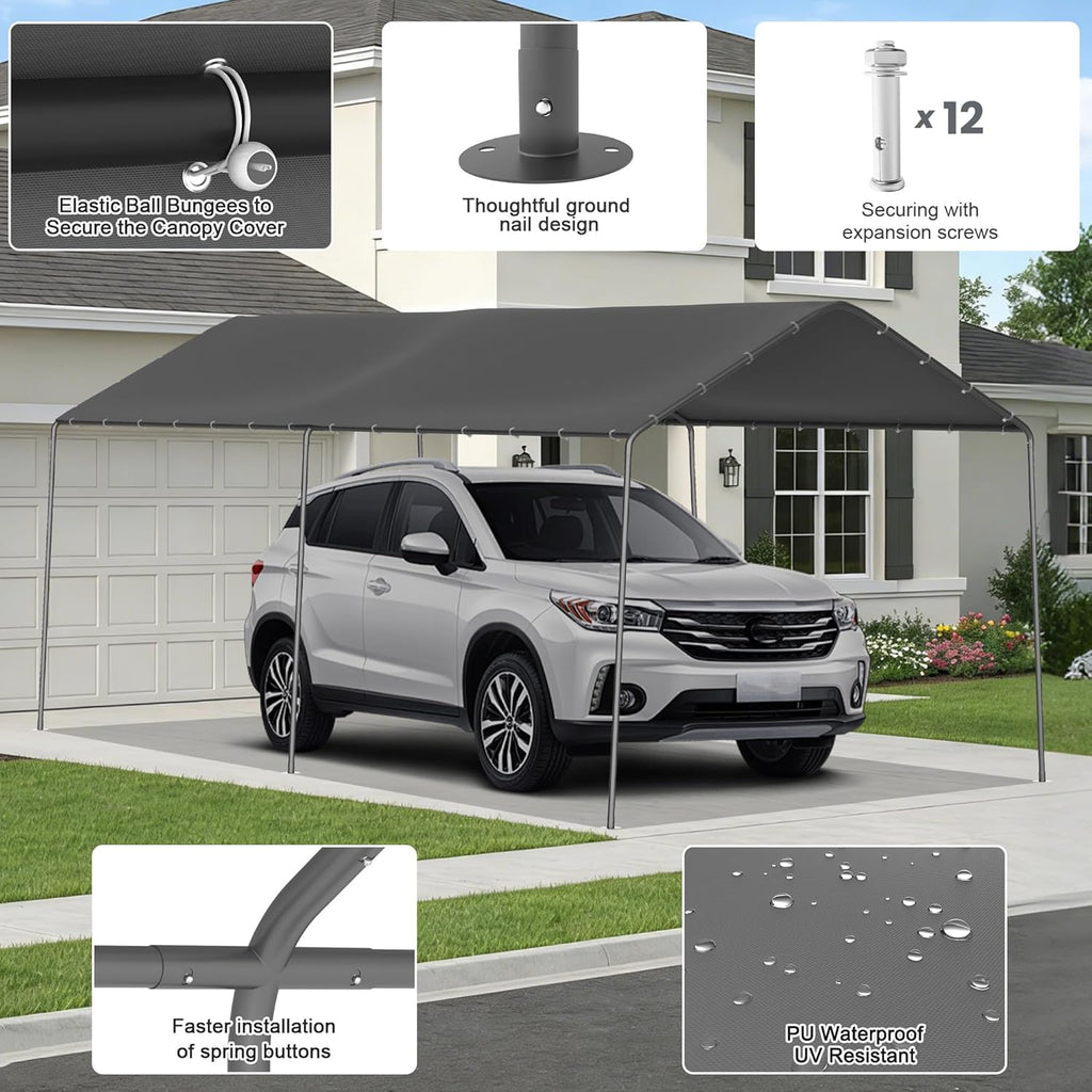 10 x 20 FT Carport Heavy Duty, Portable Garage Canopy Outdoor, Galvanized Car Canopy for Car Garage Shelter Tent Party Tent with Anchor Kit (Grey)