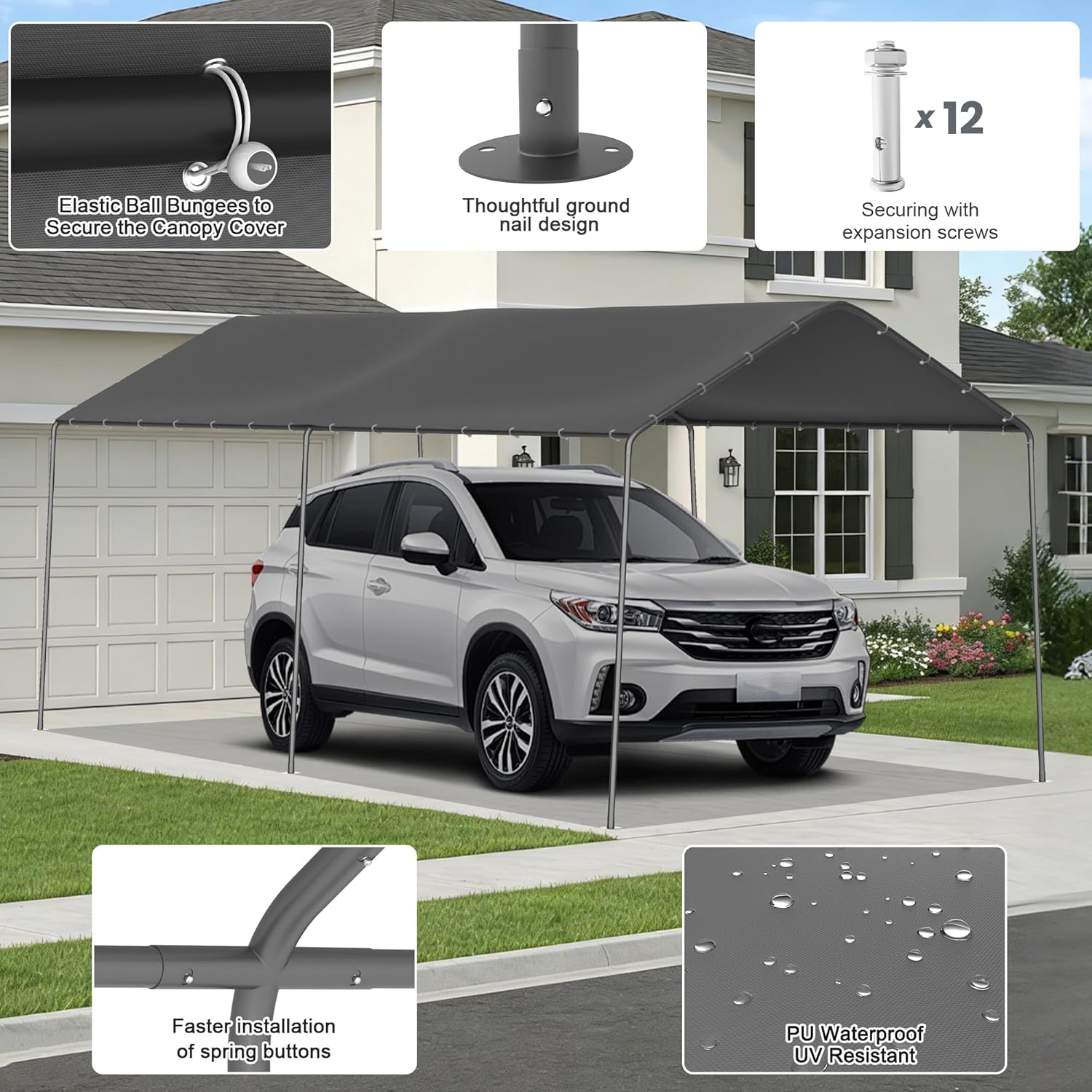 10 x 20 FT Carport Heavy Duty, Portable Garage Canopy Outdoor, Galvanized Car Canopy for Car Garage Shelter Tent Party Tent with Anchor Kit (Grey)