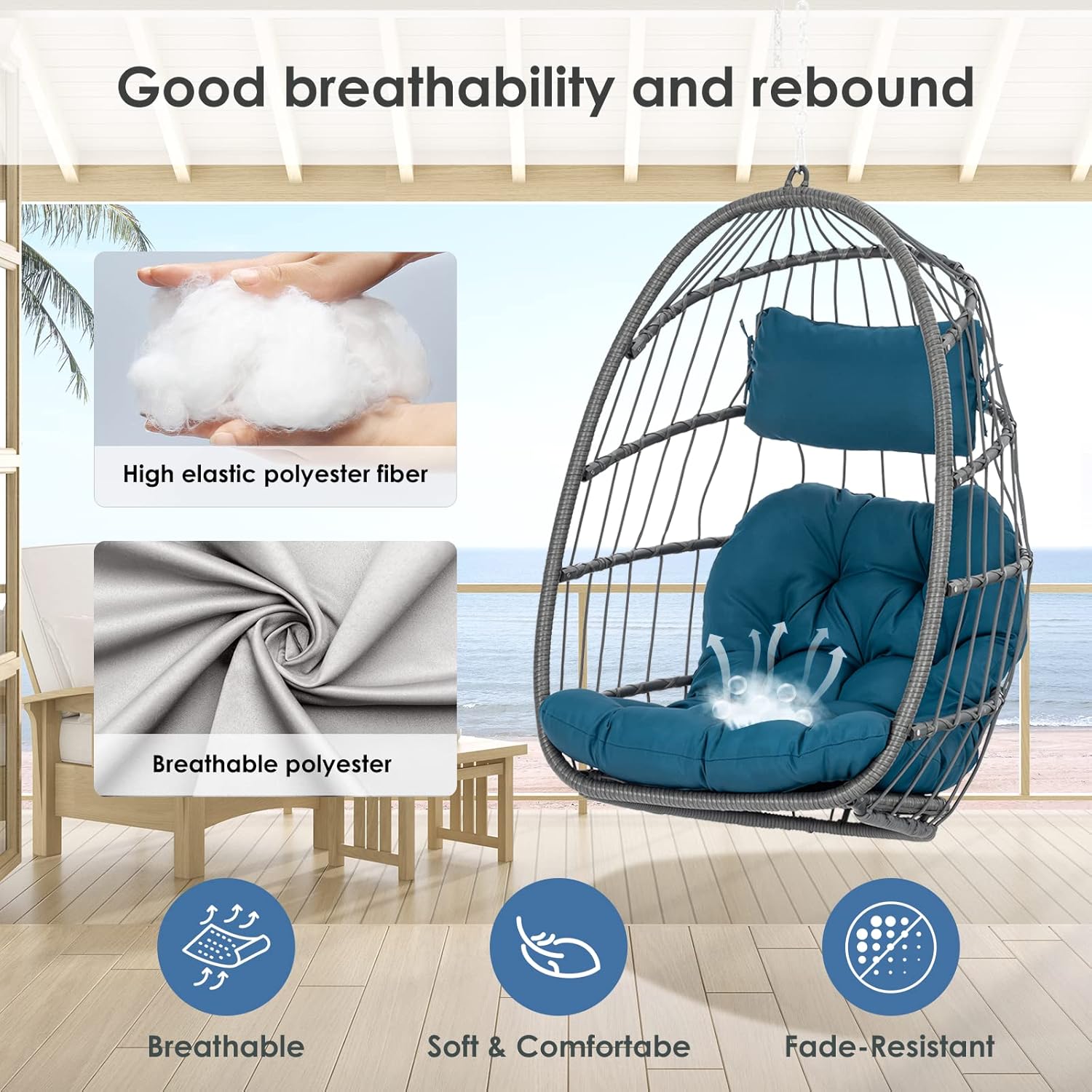 Hanging Egg Chair - Patio Rattan Wicker Swing Egg Chair Hammock Chair for Indoor Outdoor Bedroom Garden - Aluminum Steel Frame UV Resistant Cushion (Aluminum-Without Stand, Teal Blue)