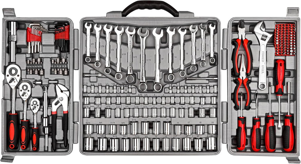 CARTMAN 205 Piece Ratchet Wrench Tool Set 1/4" & 3/8" & 1/2" Drive with SAE/Metric Sockets Kit in Plastic Toolbox