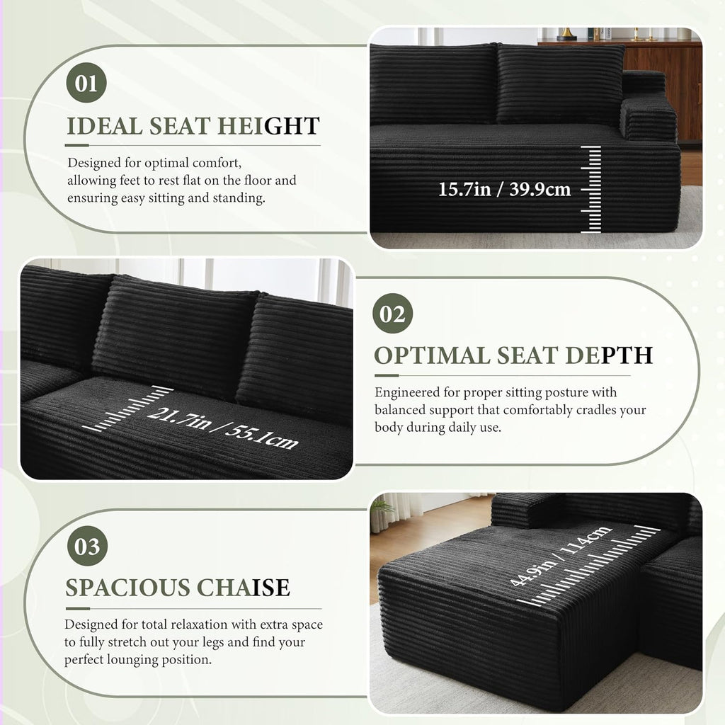96" Sectional Couches for Living Room Cloud Couch Sofa with L-Shape Upholstered Boneless Couchs Modern Modular Sectional Couch with Chaise (Black, 96" W+Right Facing Chaise+2Seaters)
