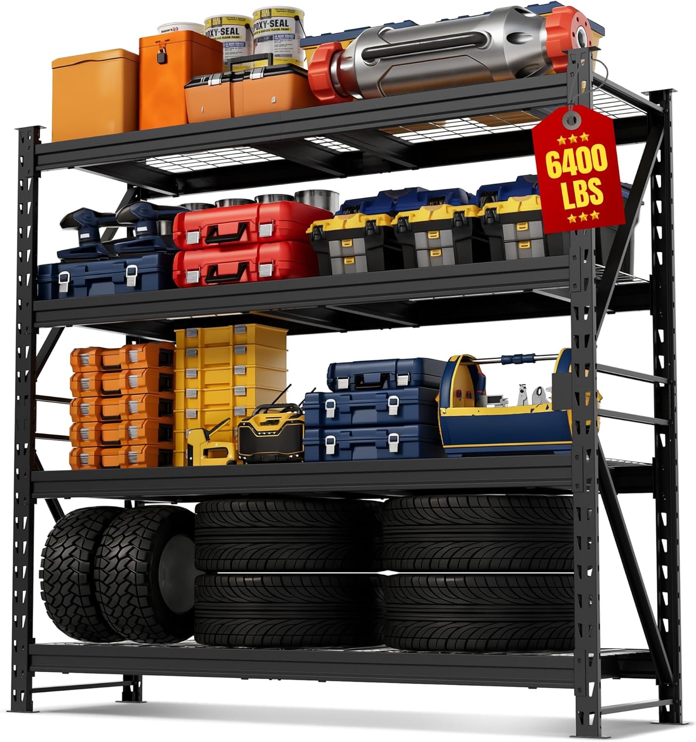 WORKPRO 77" Extra-Width Garage Shelving Units, 6400LBS Heavy Duty Utility Shelves, 4 Tier Industrial Adjustable Metal Storage Rack for Warehouse Shop Basement Organizers, 77”W x 24”D x 72”H