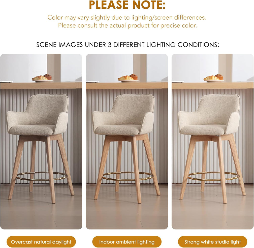 ONEVOG Modern 26" Counter Height Bar Stools Set of 4, Swivel Kitchen Island Tall Chairs with Back, Arm, Footrest and Solid Wood Legs, Linen Fabric Upholstered Farmhouse Barstools for Countertop, Beige