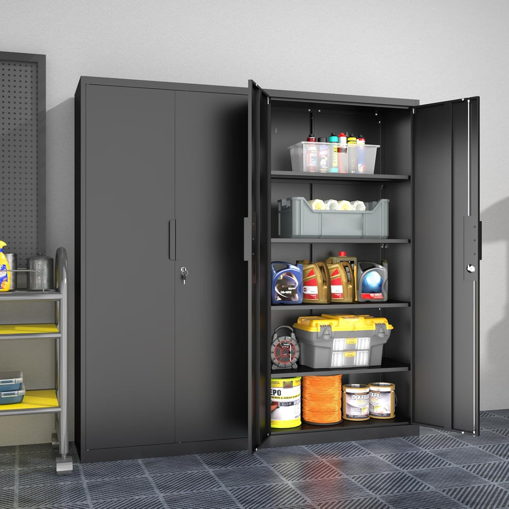 Metal Garage Storage Cabinet with Lock, 71" Tall Steel Storage Locker with 4 Adjustable Shelves, Heavy Duty Metal Cabinet for Garage, Office, Home, 31.5”W × 16.5”D, Black