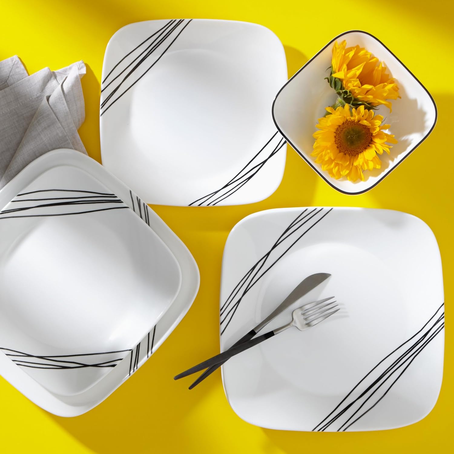 Corelle Vitrelle 18-Piece Service for 6 Dinnerware Set Triple Layer Glass and Chip Resistant, Lightweight Square Plates and Bowls Set, Simple Sketch