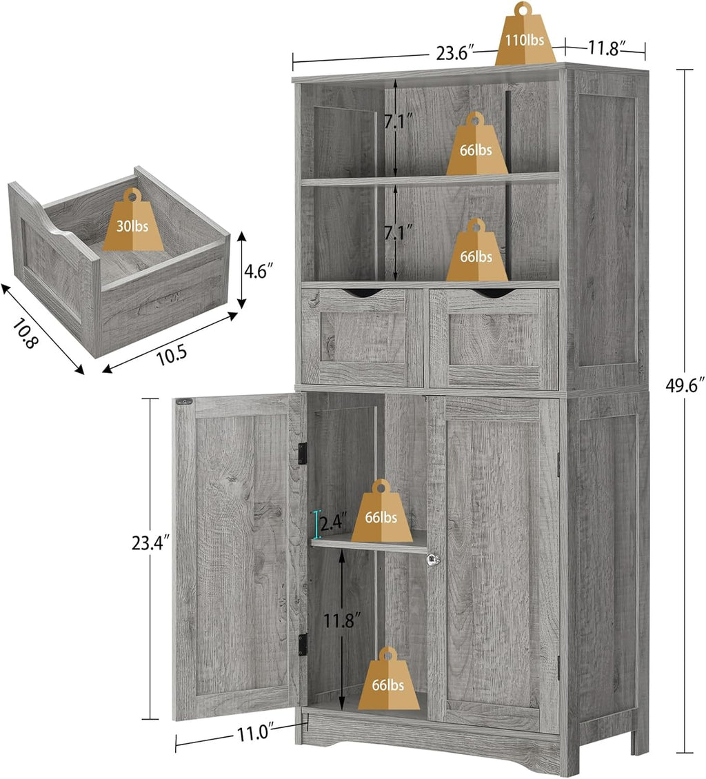 Iwell Storage Cabinet with 2 Drawers & Adjustable Shelf, Tall Bathroom Cabinet with Doors, Cupboard, Kitchen Cabinets for Living Room, Dining Room, Entryway, Grey