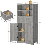 Iwell Storage Cabinet with 2 Drawers & Adjustable Shelf, Tall Bathroom Cabinet with Doors, Cupboard, Kitchen Cabinets for Living Room, Dining Room, Entryway, Grey