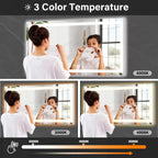 40"x 60"LED Bathroom Mirror, Backlit + Front Lit, LED Bathroom Mirror with Lights for Wall, 3 Colors, Anti-Fog, Dimmable Brightness, Tempered Glass