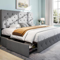 SHA CERLIN Upholstered King Size Platform Bed Frame with 4 Storage Drawers, Adjustable Headboard with Diamond Stitched Button Tufted Design, Wooden Slat Support, No Box Spring Needed, Light Grey