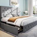 SHA CERLIN Upholstered King Size Platform Bed Frame with 4 Storage Drawers, Adjustable Headboard with Diamond Stitched Button Tufted Design, Wooden Slat Support, No Box Spring Needed, Light Grey